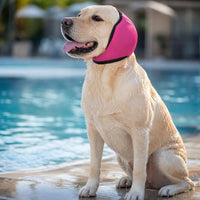 Perro con orejeras impermeables rosas junto a una piscina